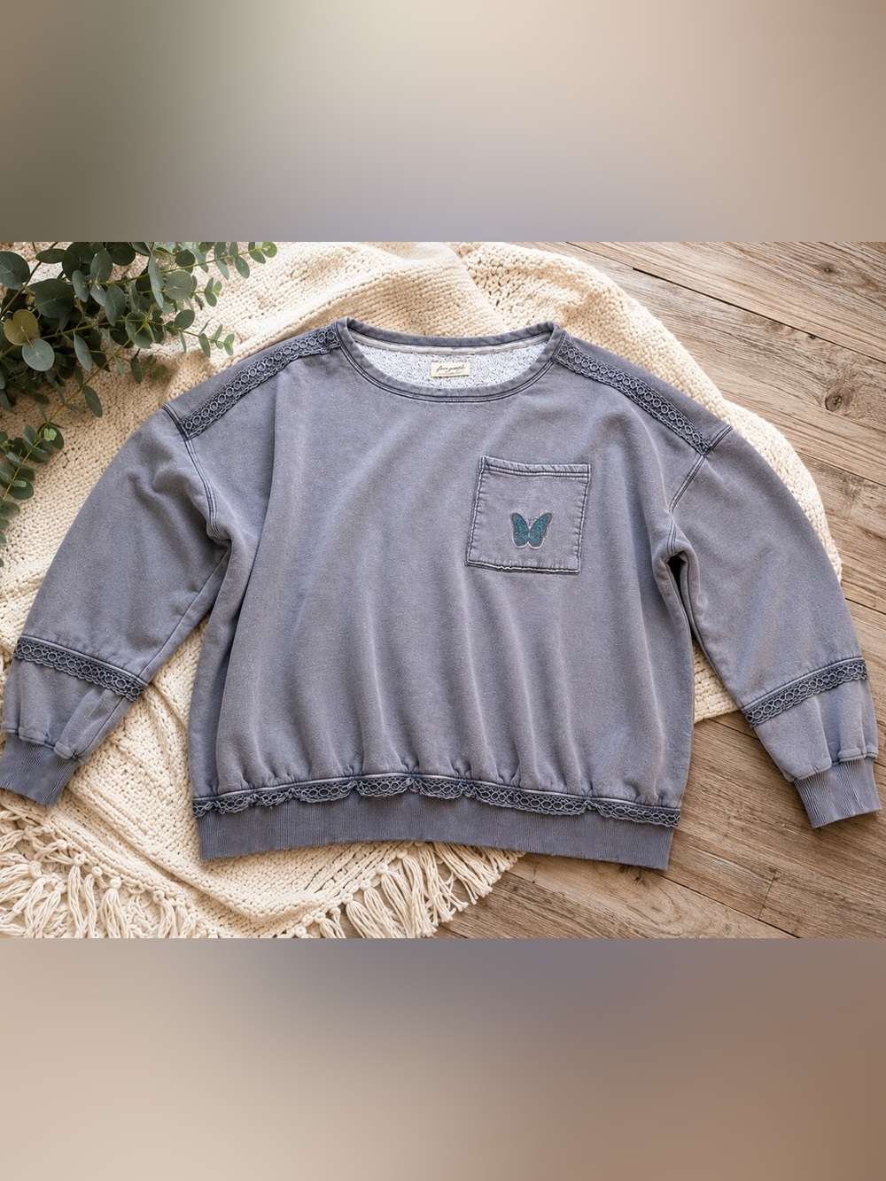Free People Washed Gray Butterfly Pocket Sweatshirt Distressed Boho Pullover
